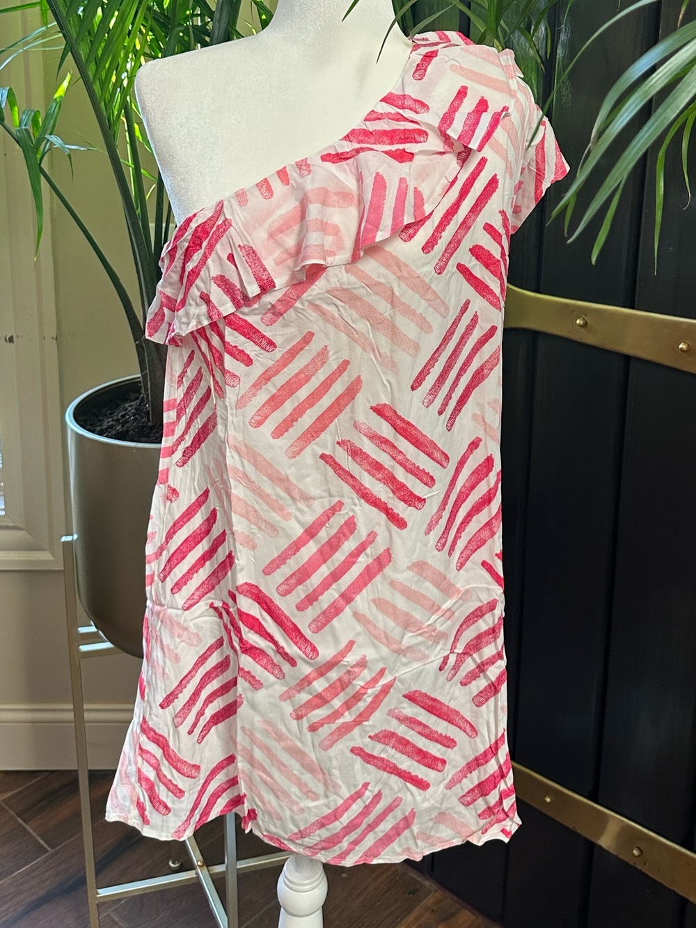 NWT EMILY WONDER One-Shoulder Pink & White stripe Ruffle Shift Dress Sundress M